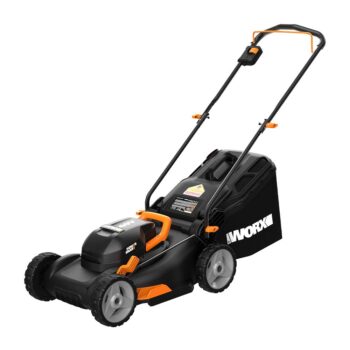 Worx WG743 40V PowerShare 4.0Ah 17" Lawn Mower w/ Mulching & Intellicut (2x20V Batteries),Black and Orange